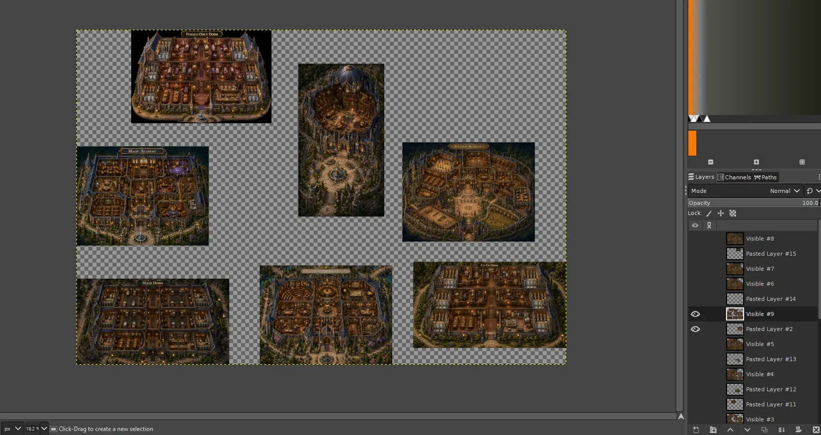 A staging canvas with map pieces on separate layers